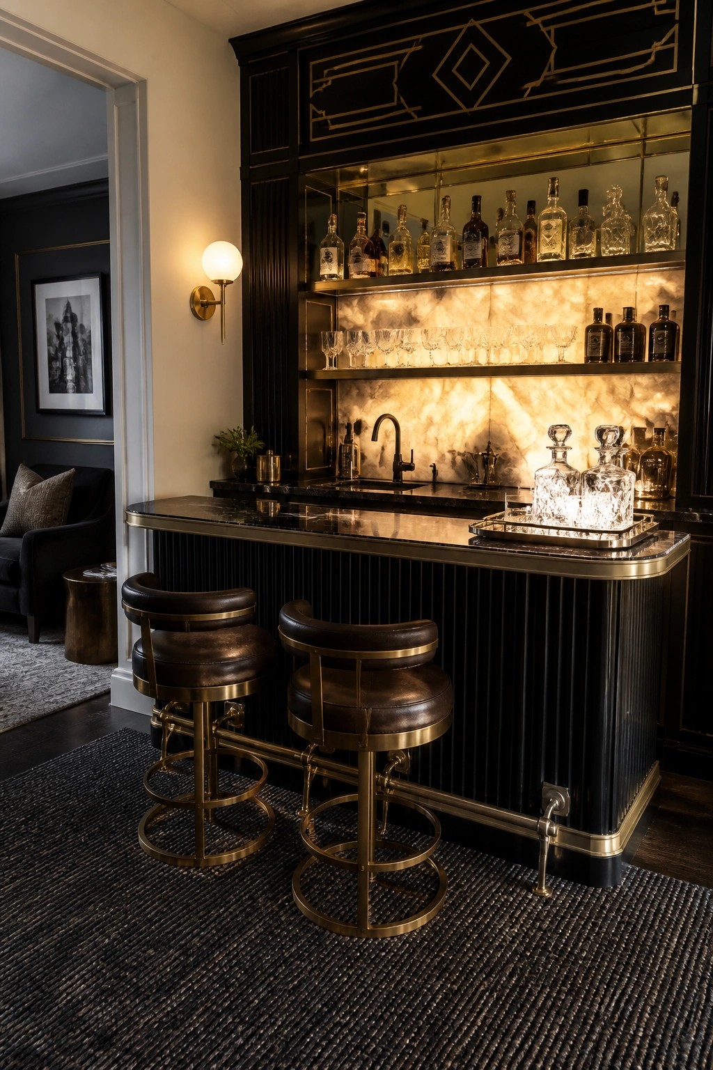 Interior view of a built-in home bar with black cabinetry, gold geometric inlays, marble backsplash, brass-trimmed bar stools, and illuminated shelves of bottles and glassware.