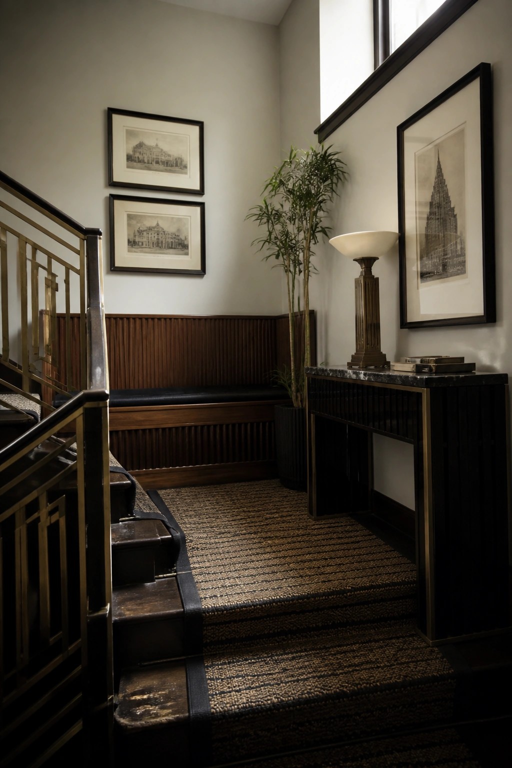 Ornate dark wood staircase with brass railing, framed art, plant and console table