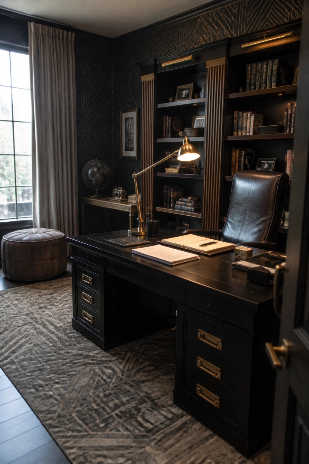 A dark home office with a large desk, black leather chair, built-in bookshelves filled with books, brass desk lamp, and geometric patterned wallpaper.