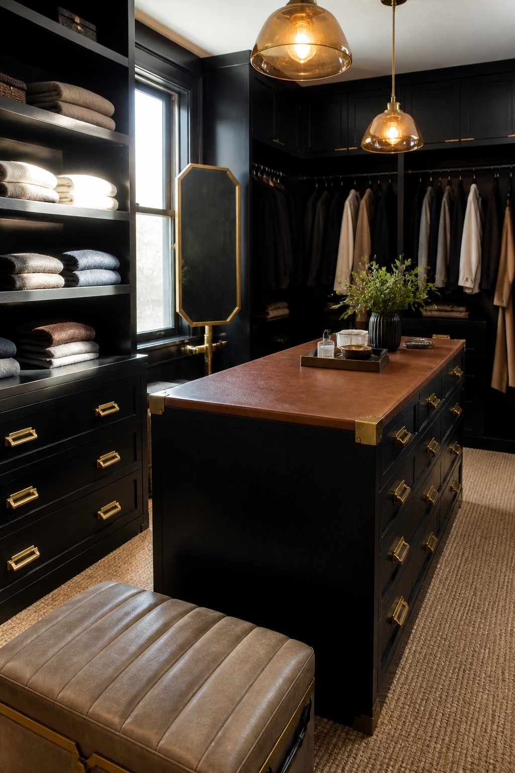A dark masculine dressing room featuring a central island with a brown leather top, black cabinetry with brass pulls, open shelving holding folded towels, and a clothing rack in the background.