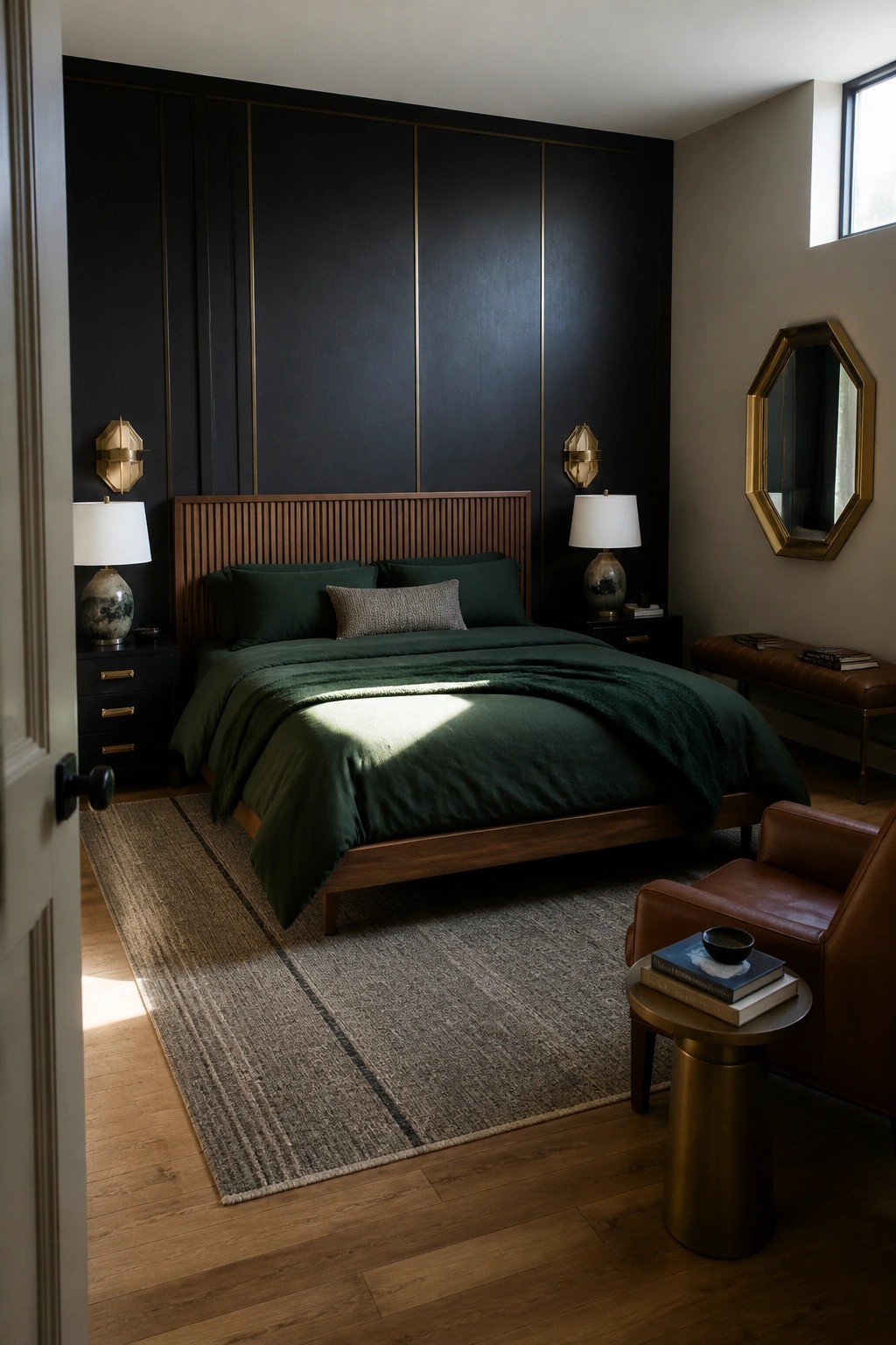 A bedroom featuring a wooden bed with dark green bedding set against a dark vertically paneled wall accented with thin brass lines, flanked by brass wall sconces and nightstands.