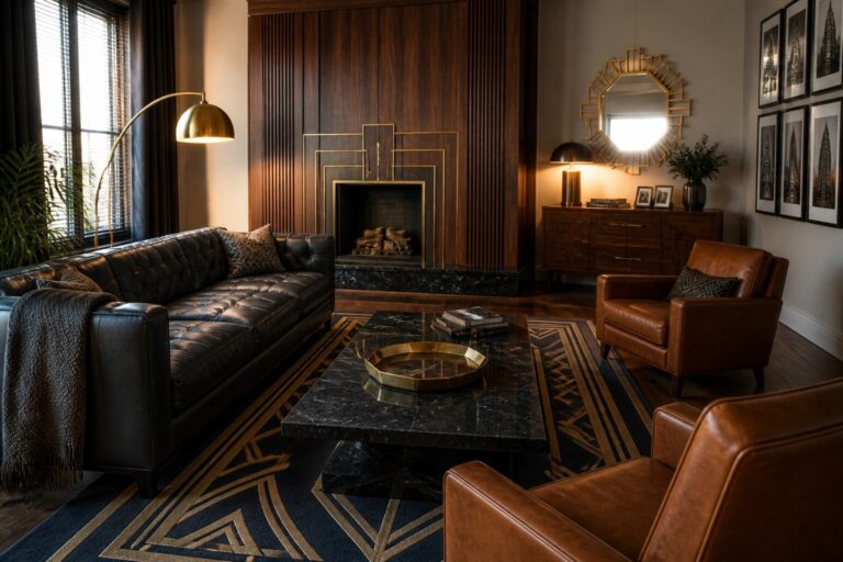 23 Stylish Art Deco Masculine Interior Design Ideas With Brass and Geometric Details A living room with dark wood vertical paneling, a black marble fireplace with brass geometric trim, an octagonal brass mirror, leather armchairs, a tufted black sofa, and a patterned rug.