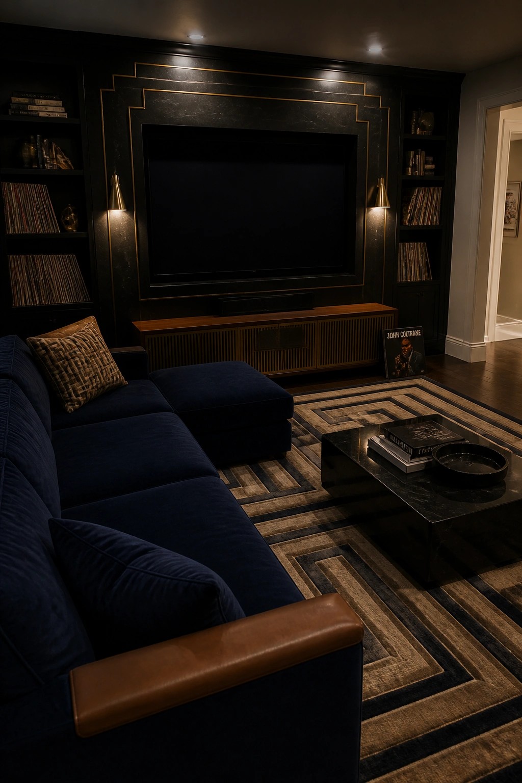 A dark living room shows a large television centered on a black wall with gold geometric trim, flanked by built-in bookshelves, a navy blue sectional sofa, and a geometric patterned rug.