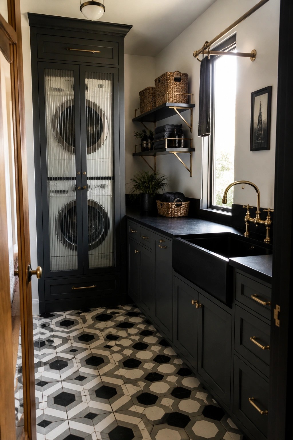 Modern black laundry room with glass washer-dryer cabinet, farmhouse sink, and patterned tile floor.