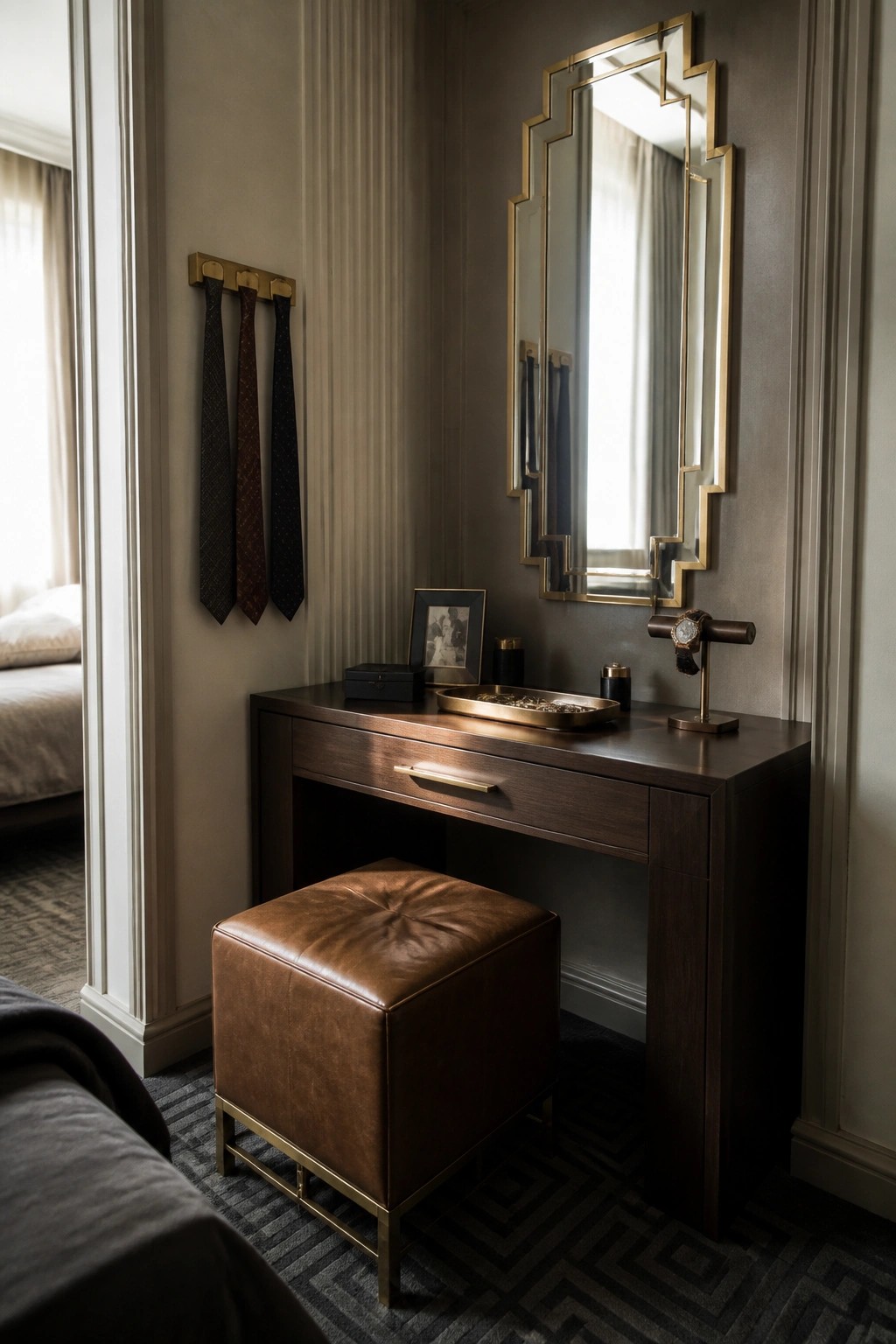 A dark wood vanity with a brown leather ottoman underneath and a large geometric brass-framed mirror mounted on the wall above it.