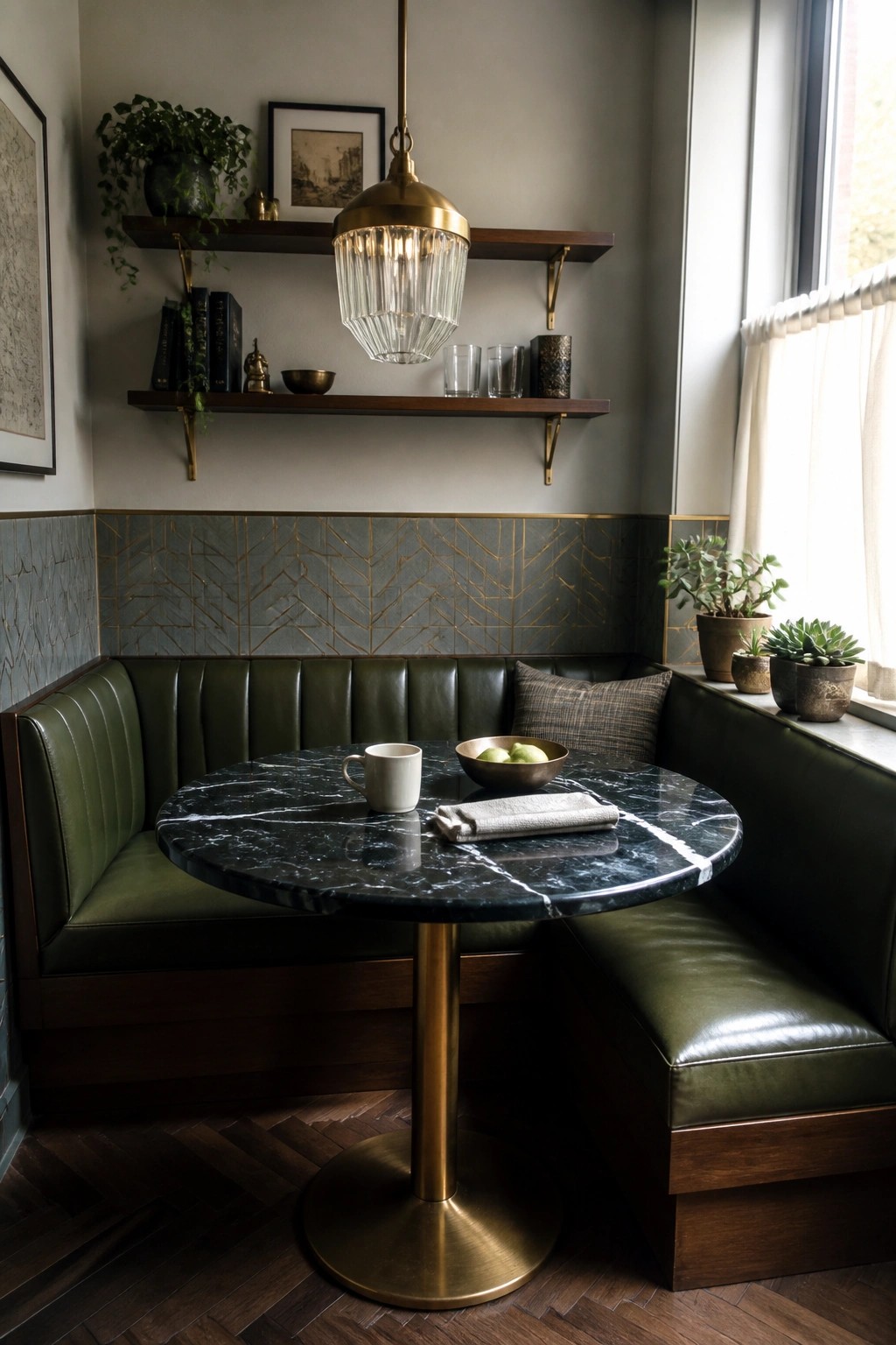 A corner booth with green leather seating surrounds a round black marble table under a brass and glass pendant light, with gray geometric tiles featuring gold lines on the wall behind.