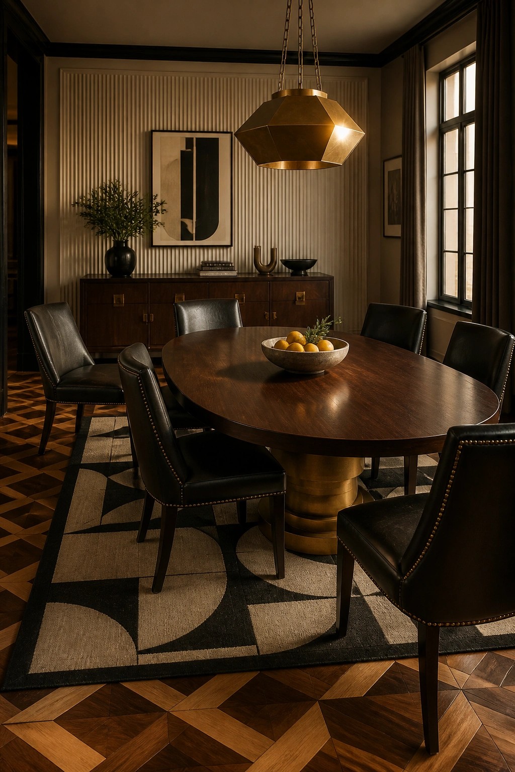 An oval wooden dining table with black leather chairs sits on a large black and beige geometric patterned rug in a room with dark wood flooring, a brass pendant light, and a wooden sideboard against a fluted wall.