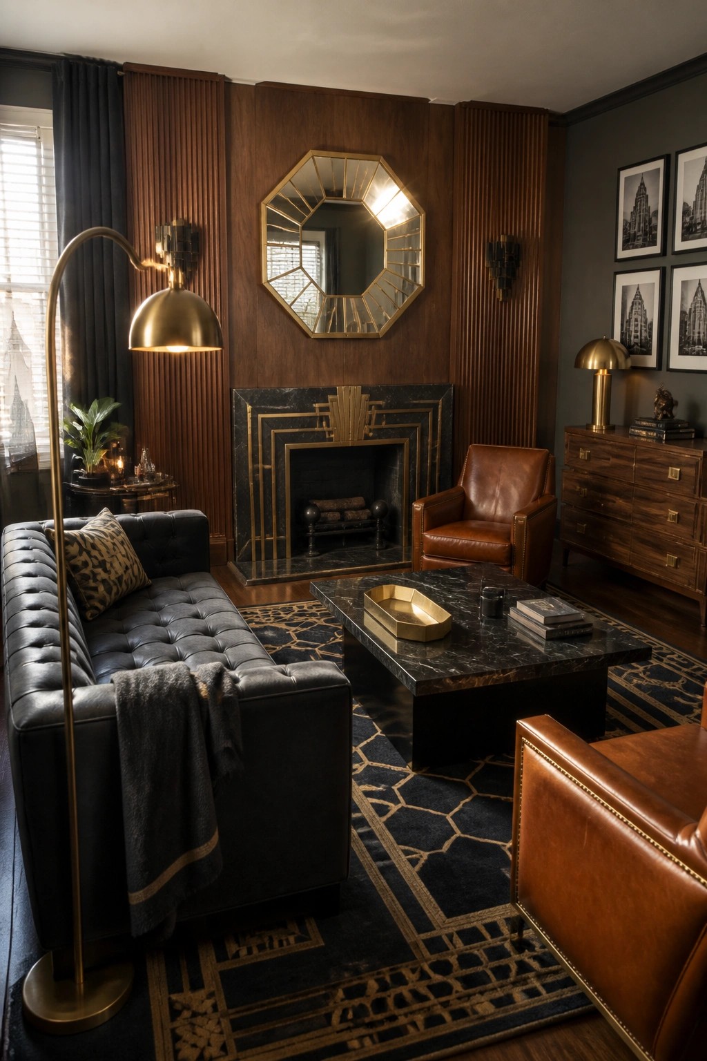 A living room with dark wood vertical paneling, a black marble fireplace with brass geometric trim, an octagonal brass mirror, leather armchairs, a tufted black sofa, and a patterned rug.