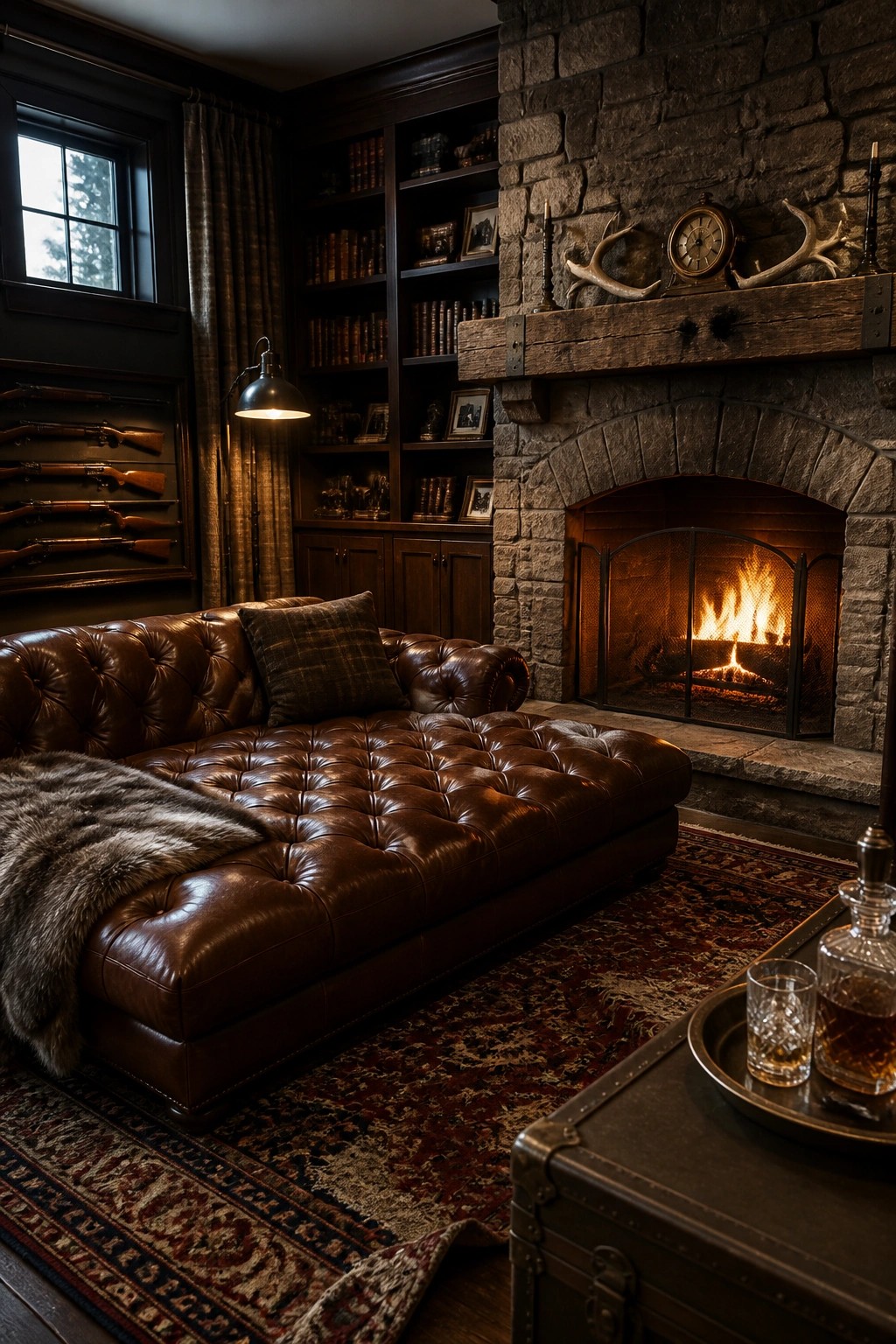 A large brown tufted leather sofa with a plaid pillow and fur throw sits on a patterned rug in front of a lit stone fireplace, with dark wood bookshelves and mounted rifles visible in the background.