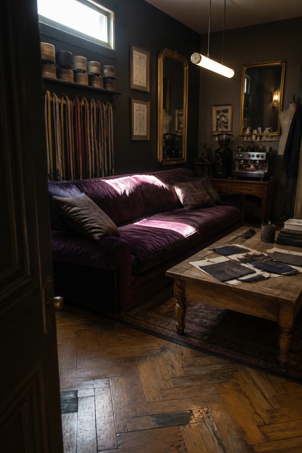 A large purple velvet sofa sits against dark walls in a room with herringbone wood floors, a wooden coffee table, and framed mirrors.