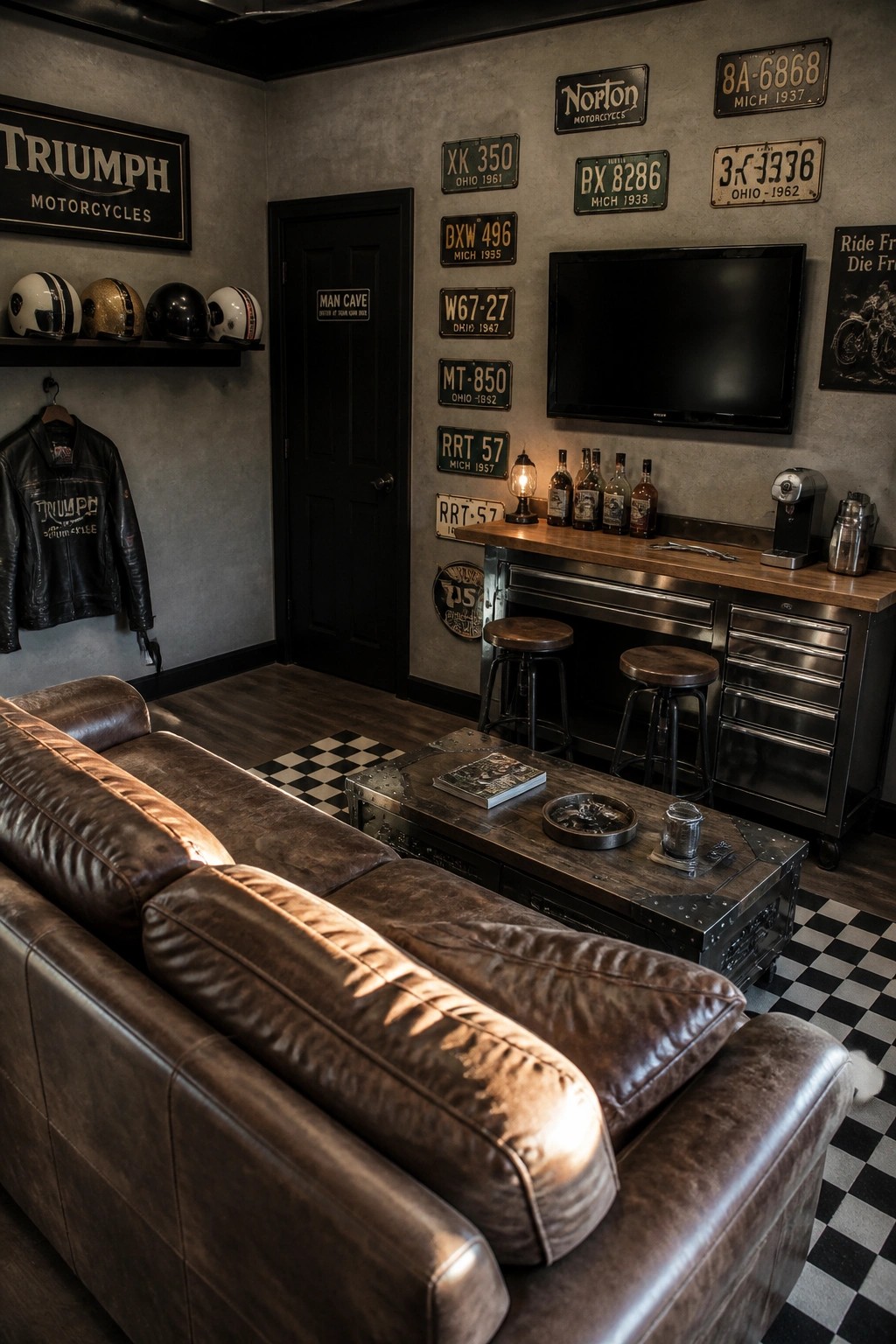 Interior view of a man cave with a large brown leather sectional sofa facing a wooden coffee table, surrounded by motorcycle license plates, helmets on a shelf, and a bar area with stools.