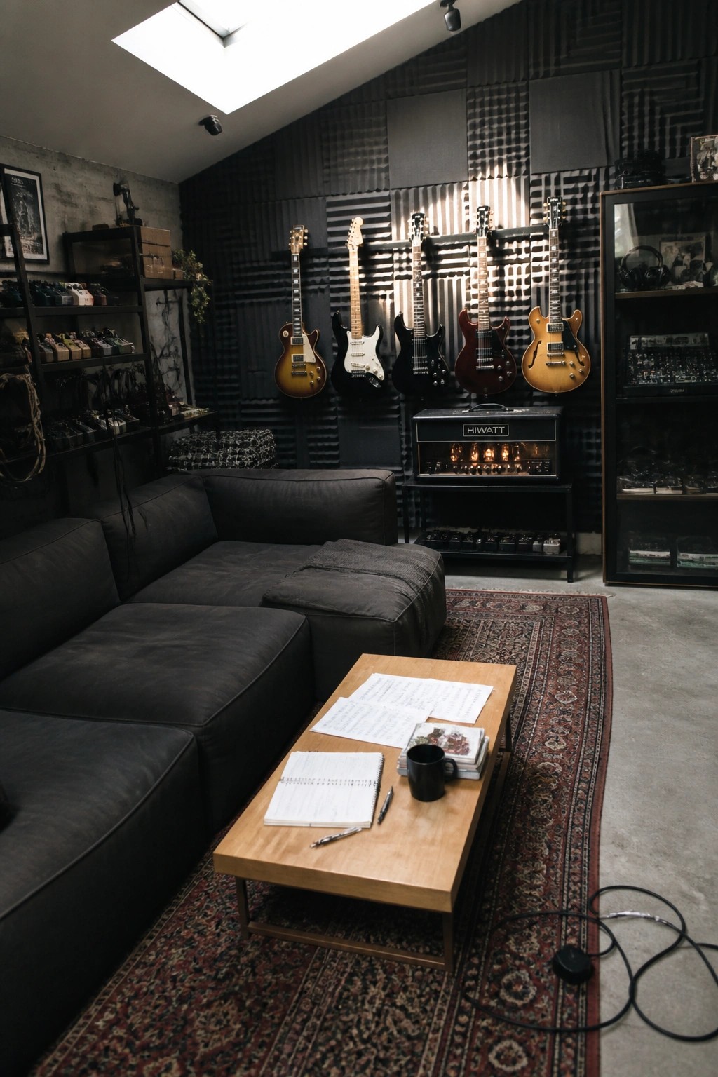 Music studio with dark sectional sofa, coffee table with sheet music, and five guitars on wall.