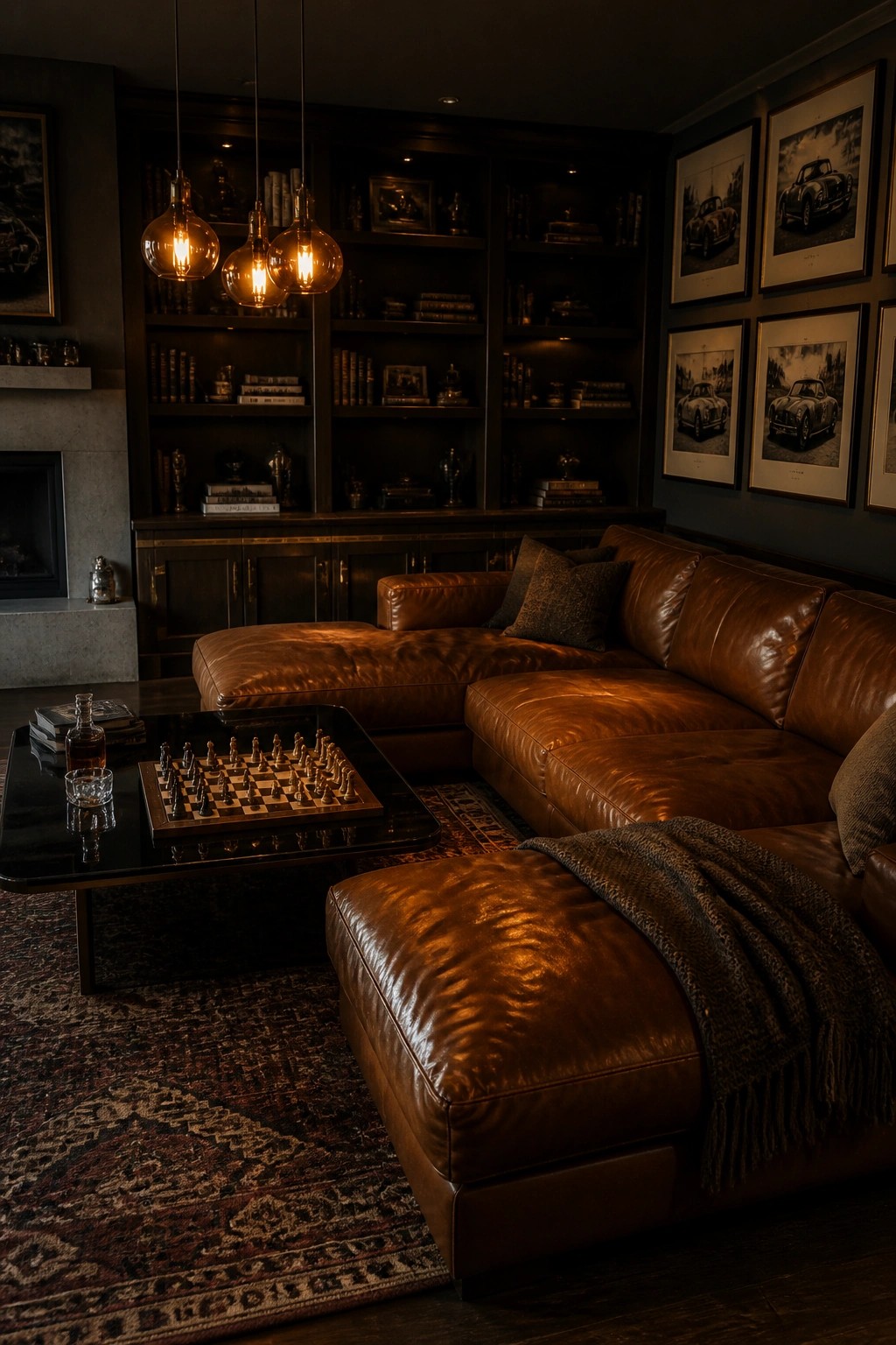 A dark interior room featuring a large brown leather sectional sofa, a black coffee table with a chessboard, and built-in wooden bookshelves along the back wall.
