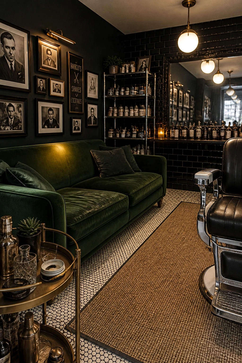 A dark interior room featuring a large green velvet sofa, a vintage barber chair, and metal shelves stocked with bottles against black tiled walls.