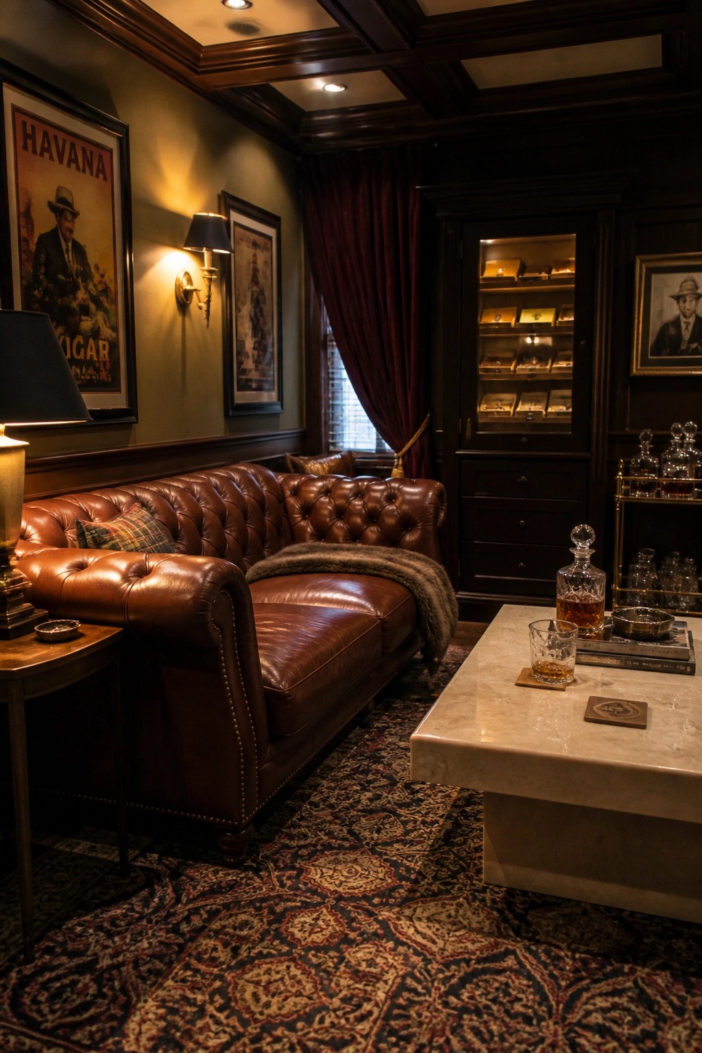 A large brown leather tufted Chesterfield sofa sits in a dark wood-paneled lounge with a marble coffee table, patterned rug, and framed posters on the wall.