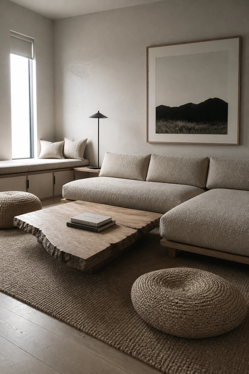 A neutral living room with a large beige sectional sofa, wooden coffee table, woven poufs, and a framed landscape print on the wall.