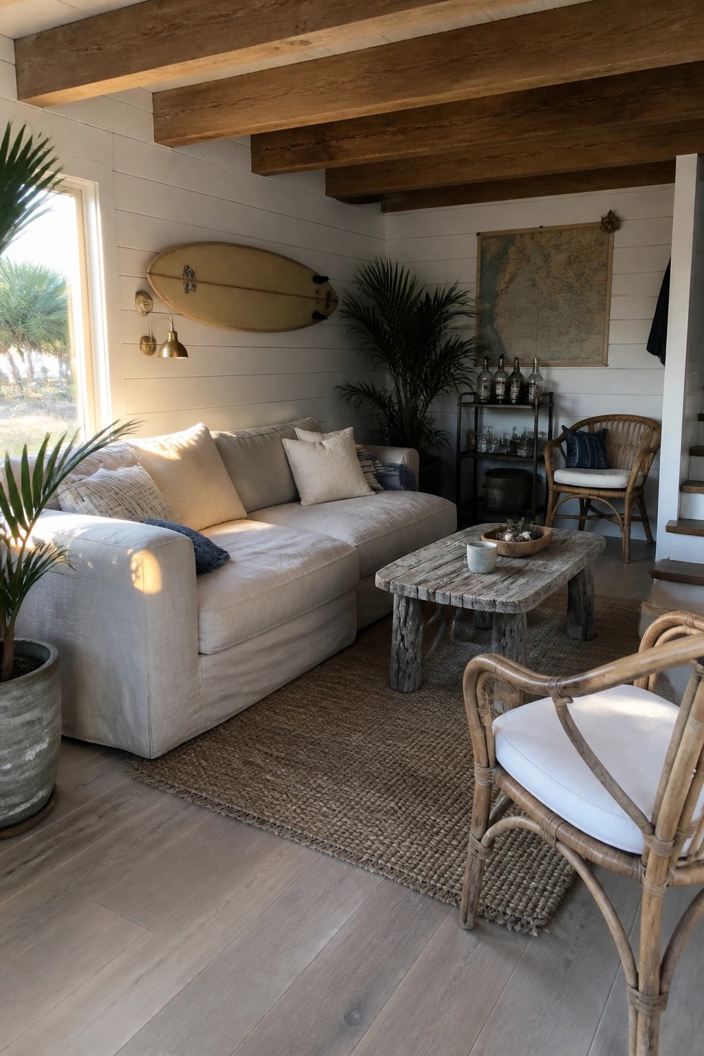 A living room with a large light-colored sectional sofa, a rustic wooden coffee table on a woven rug, and wooden ceiling beams.