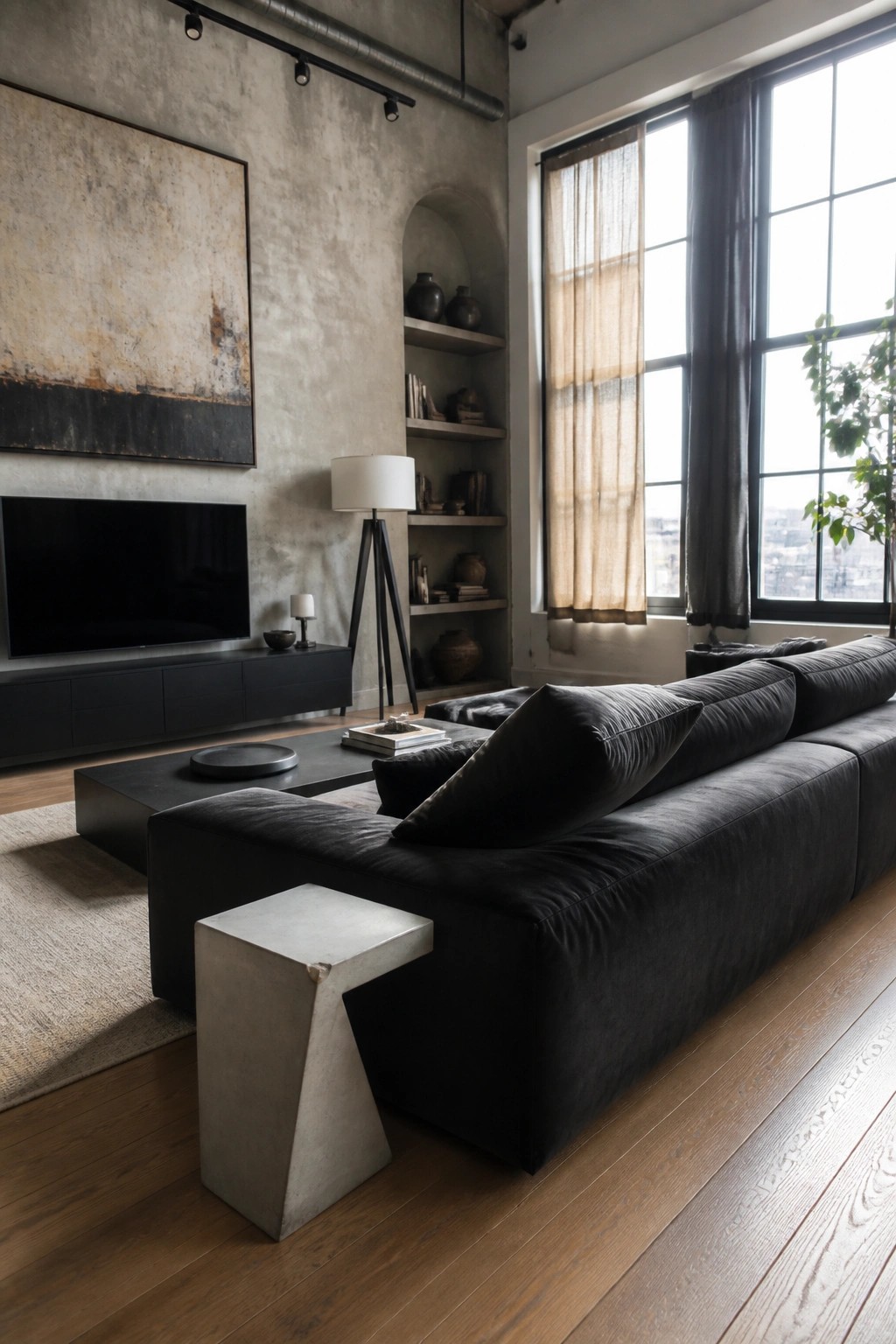 Dark sectional sofa in industrial living room with concrete walls, large windows, and abstract art.