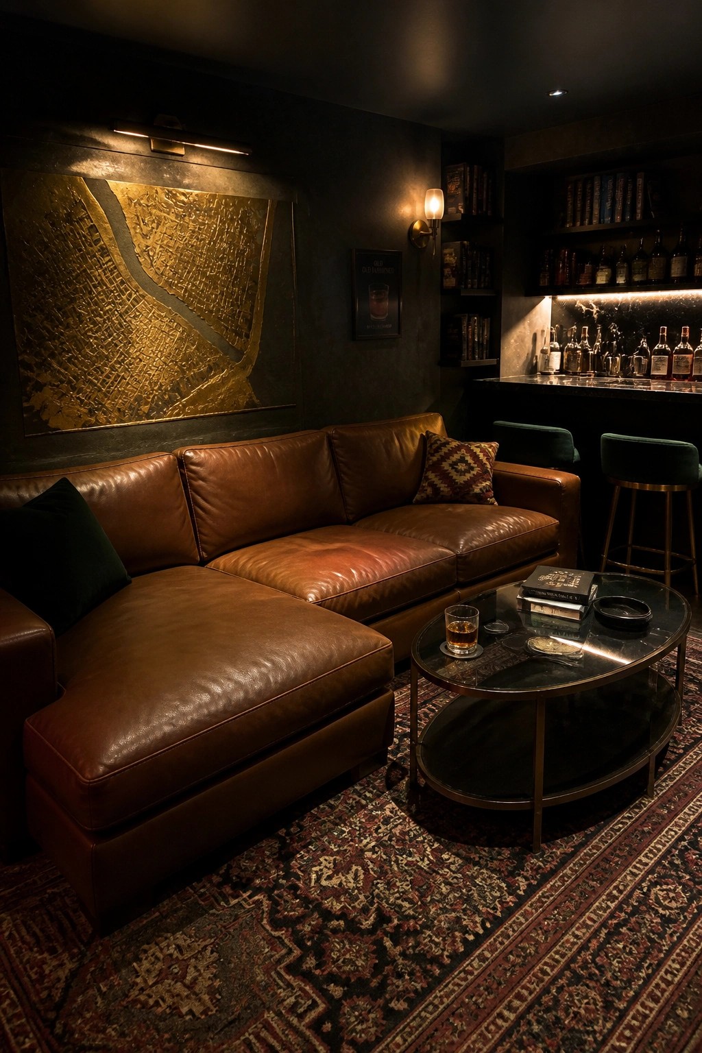 A large brown leather sectional sofa with a glass coffee table on a patterned rug in a dimly lit lounge with a bar and bookshelves in the background.