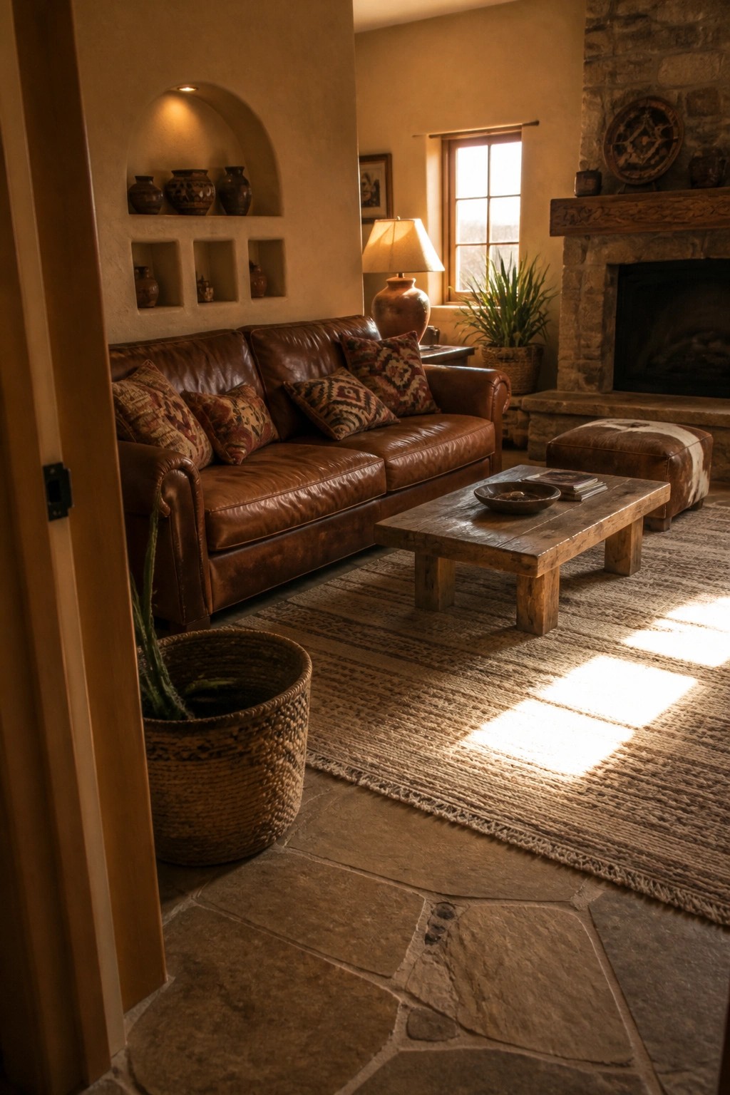 A large brown leather sofa with patterned pillows sits in a rustic living room with a stone fireplace, wooden coffee table, and woven rug on a stone floor.