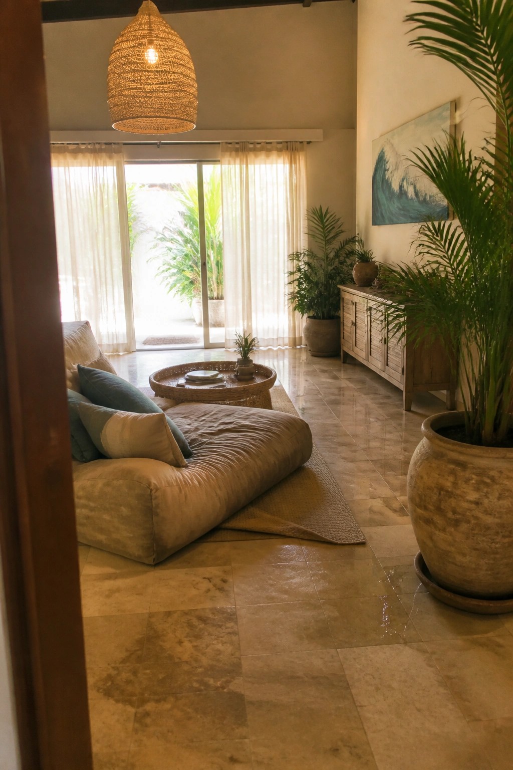 A spacious interior room with a large beige modular lounge seat on a woven rug, a hanging wicker pendant light overhead, and potted plants beside a wooden cabinet.