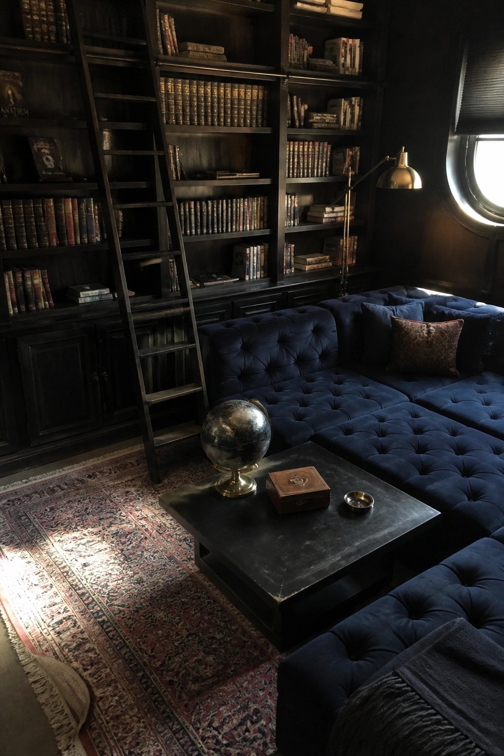 A dark room with tall bookshelves, a rolling ladder, a large navy tufted sectional sofa, and a coffee table on a red patterned rug.