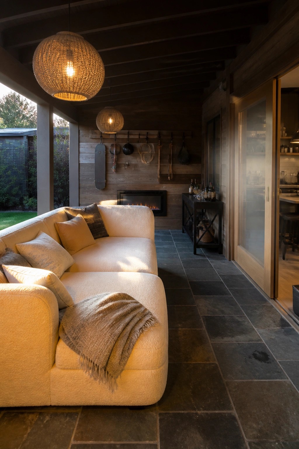Cozy cream sectional sofa under woven lights on a dark-tiled patio with fireplace