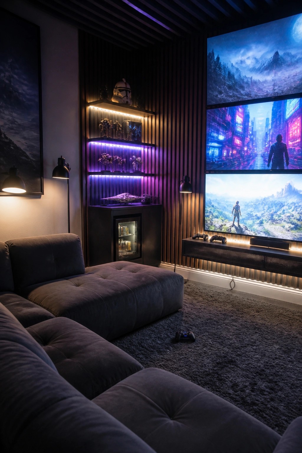 A large dark gray tufted sectional sofa faces a wall with three large screens showing fantasy and sci-fi scenes in a room with purple LED shelves and collectibles.