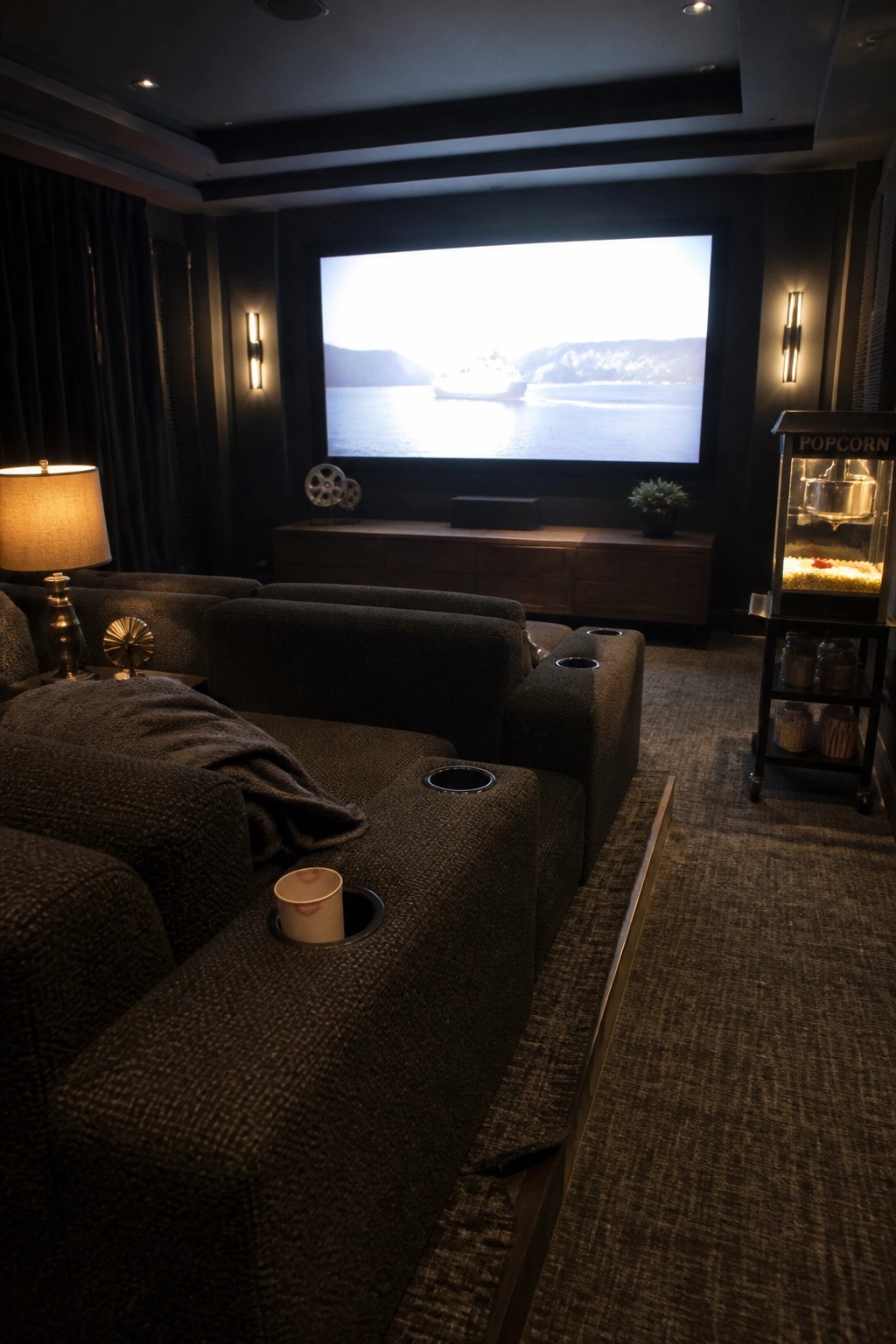 A dimly lit home theater shows a large dark sectional sofa with cup holders facing a wide projection screen, with a popcorn machine visible on the right side.