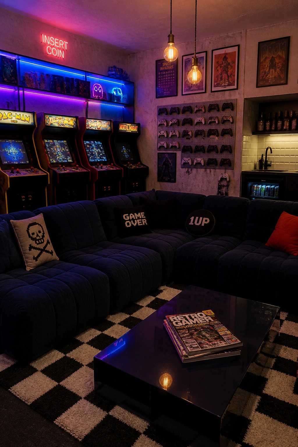 A dimly lit game room featuring a large dark blue sectional sofa, several arcade machines along the back wall, and a glossy coffee table on a black and white checkered rug.