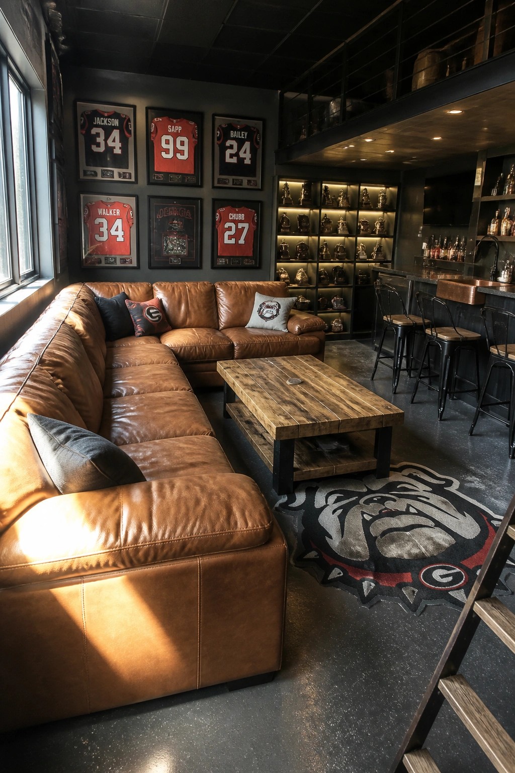 Large brown leather sectional sofa in a dark sports-themed lounge with wooden coffee table, framed football jerseys on the wall, and a Georgia Bulldogs rug on the floor.