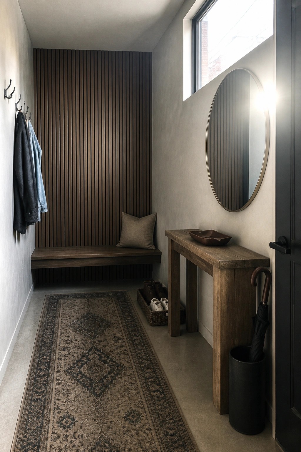 Modern mudroom with wooden bench, round mirror, console table, umbrella stand, and runner rug.