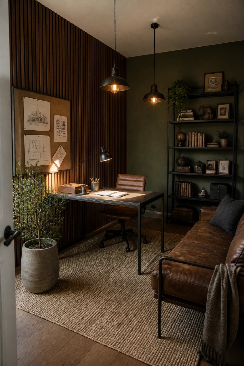 A home office with vertical dark wood fluted paneling on one wall, a green painted wall on the right, a black desk with a brown leather chair, two black pendant lights, and a tall black bookshelf.