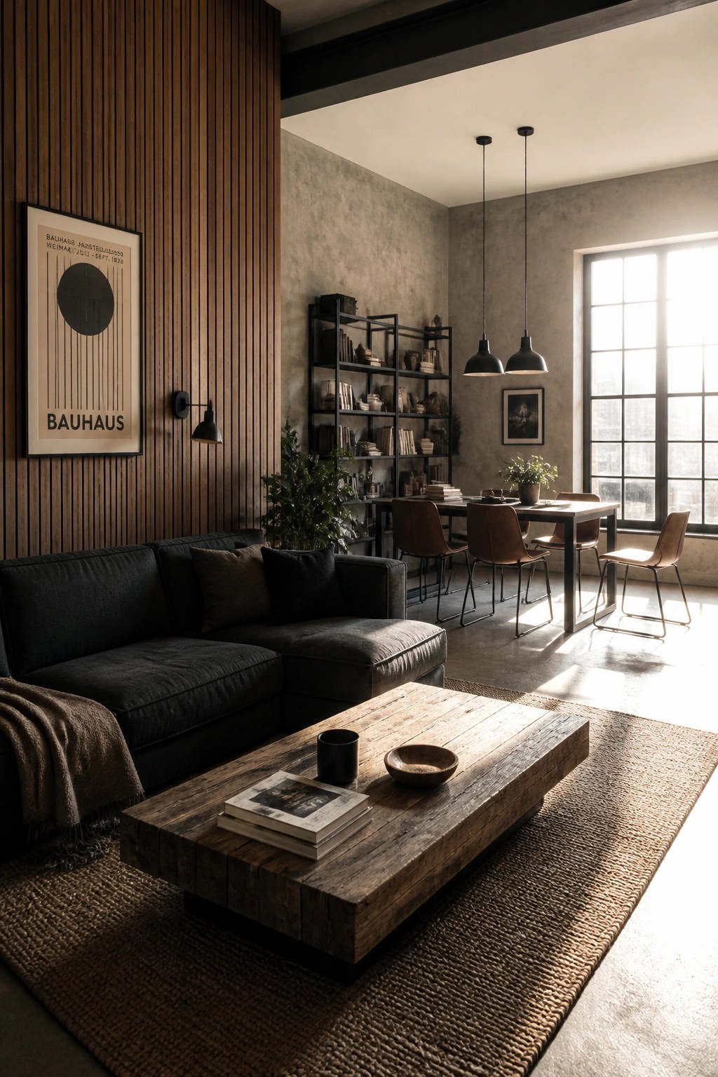A living room with a dark sectional sofa, wooden coffee table, and a tall fluted wood wall featuring a Bauhaus poster beside a black metal bookshelf and dining table.