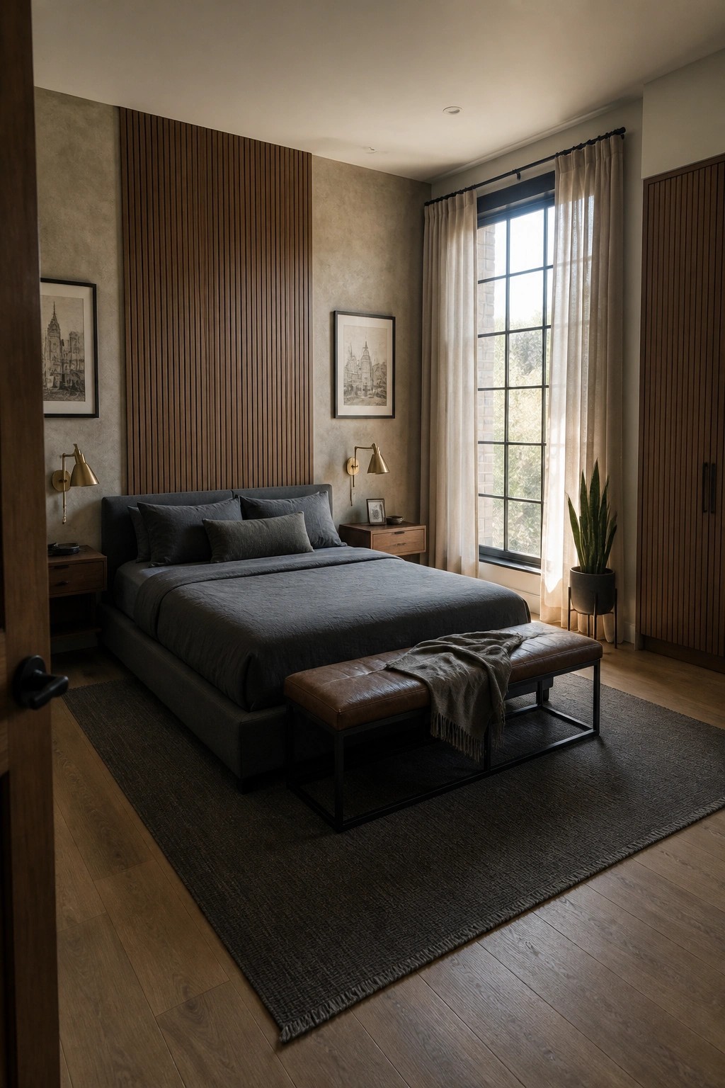 A modern bedroom featuring a large bed with dark gray bedding positioned against a wall with vertical fluted wood paneling and textured plaster on the sides.