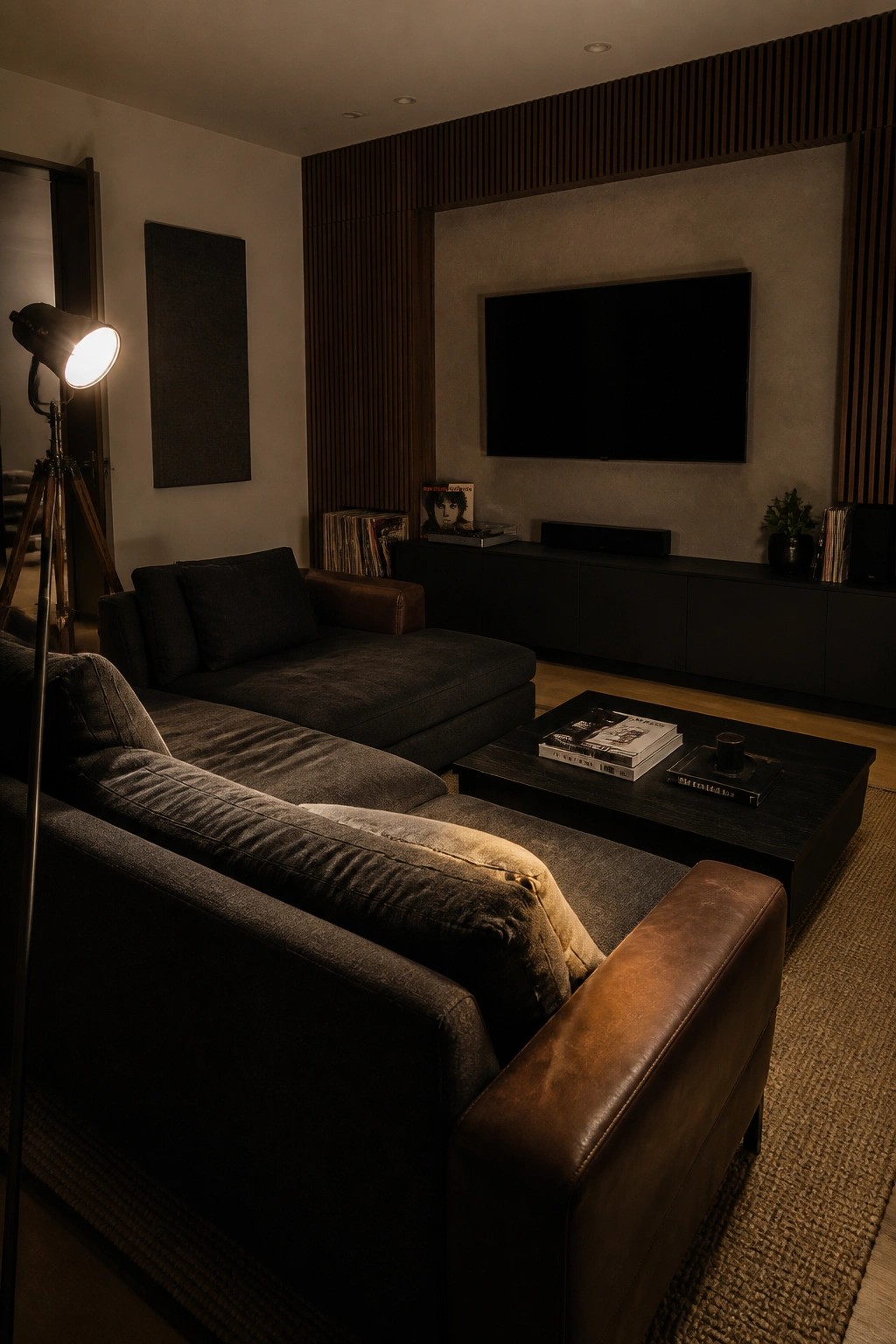 A dimly lit living room featuring a dark sectional sofa, coffee table with books, and a television mounted above a black media console against a wall with vertical fluted wood panels and textured plaster.