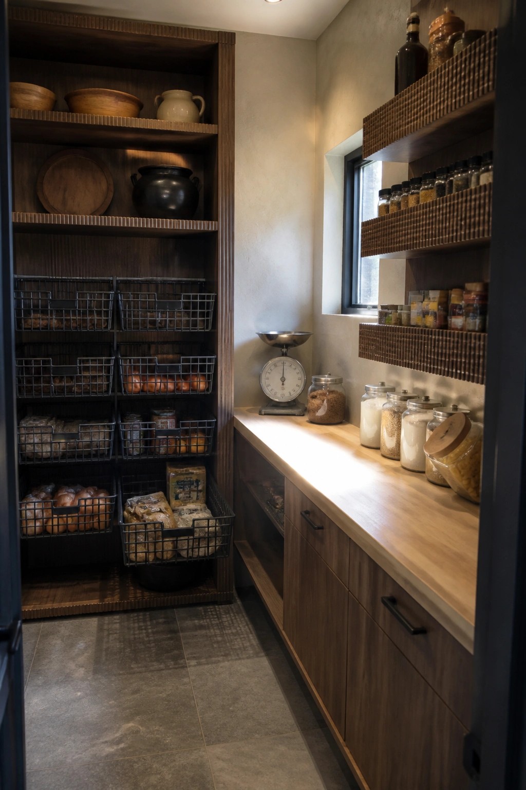 A narrow walk-in pantry with dark wood fluted shelving, wire baskets of produce, glass jars on a light wood counter, and textured walls.