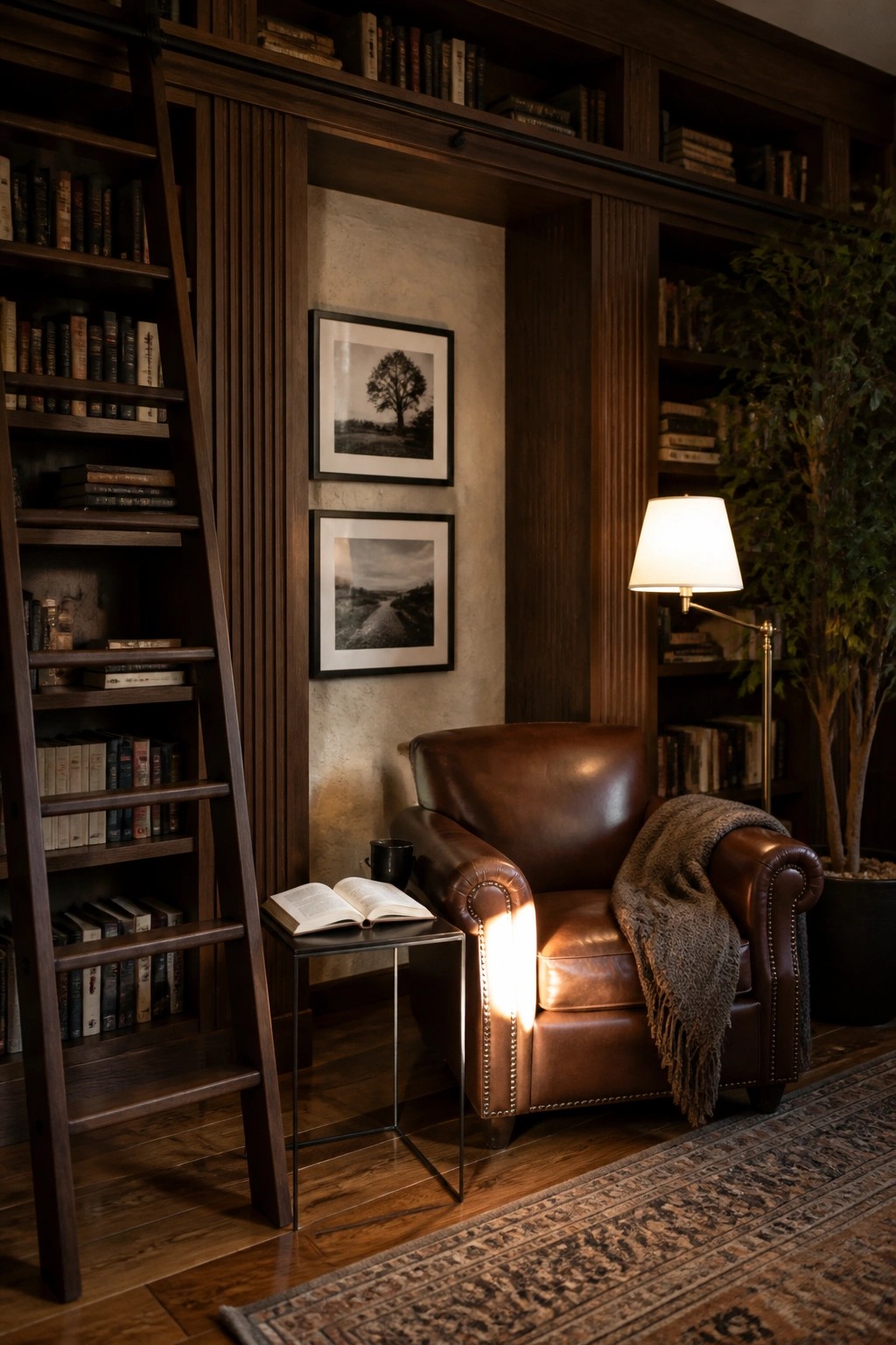 Brown leather armchair beside dark bookshelves with sliding ladder and open book