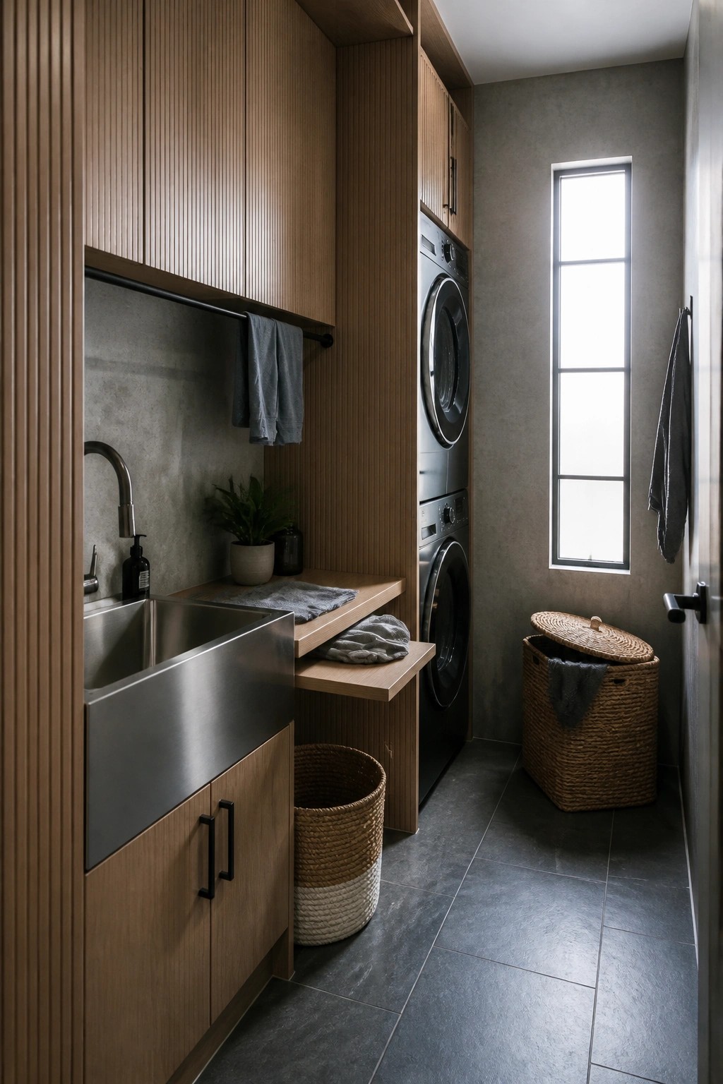 A modern laundry room with fluted wood cabinetry, a stainless steel sink, stacked washer and dryer, woven baskets, and a tall narrow window on a textured wall.