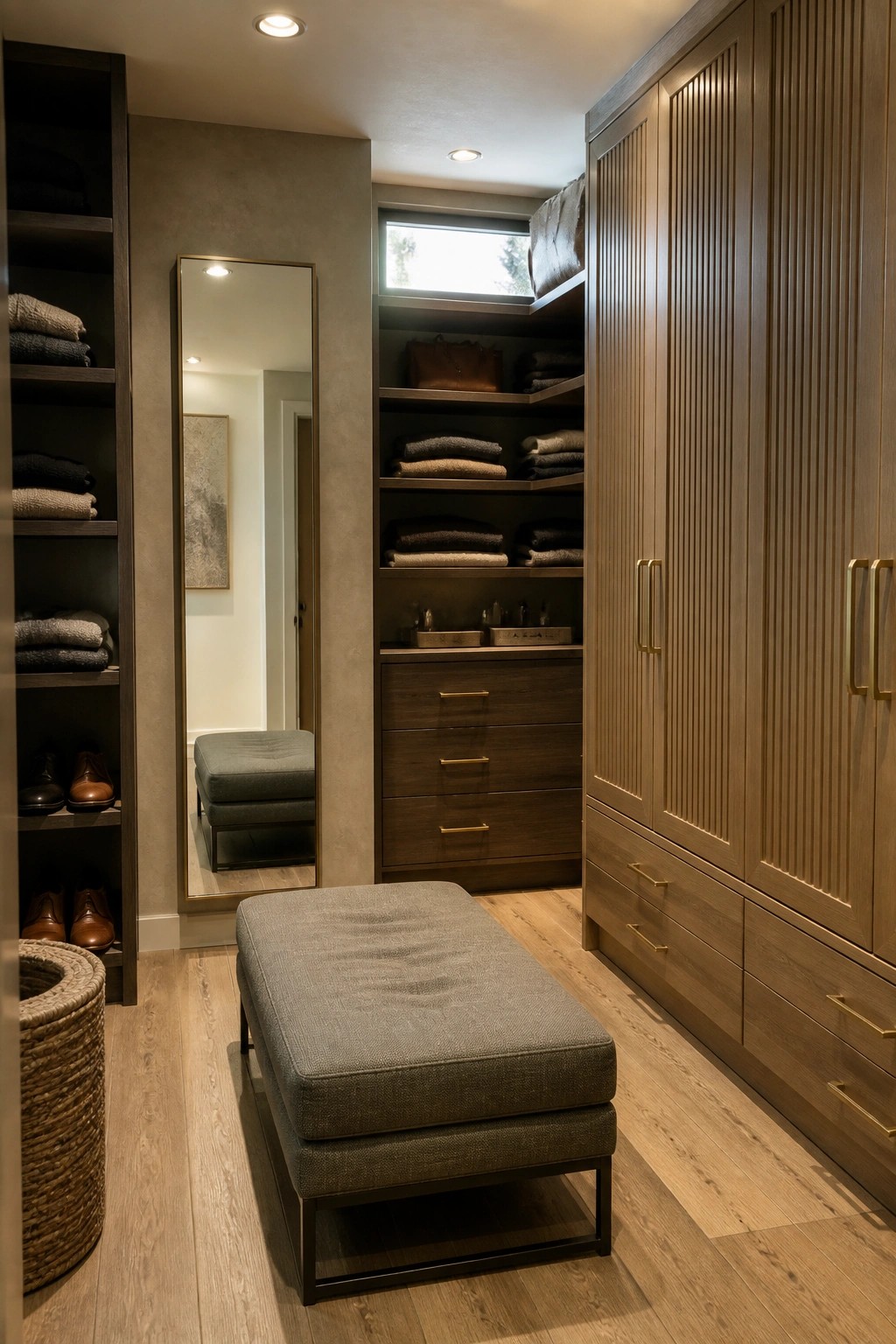 A modern walk-in closet featuring tall fluted wood cabinets, open shelves with folded clothing, dark wood drawers, a central upholstered bench, and a full-length mirror on a textured wall.