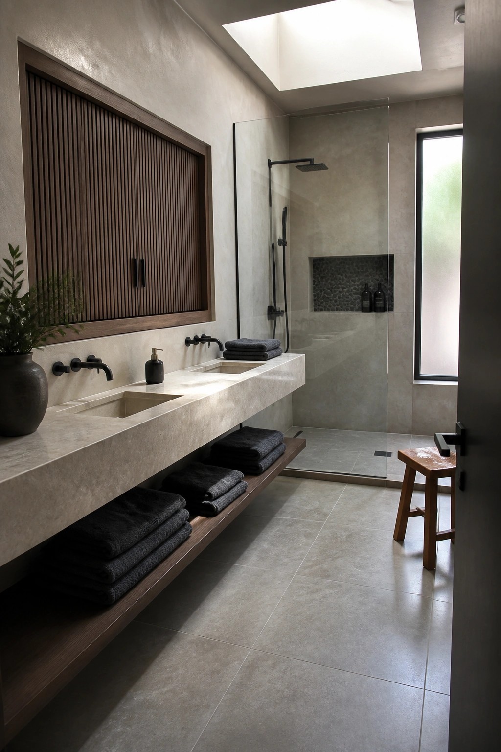 A contemporary bathroom featuring a long floating concrete vanity with integrated sinks, black fixtures, folded black towels on an open shelf below, a large fluted wood cabinet on the wall above, and a glass-enclosed shower area.