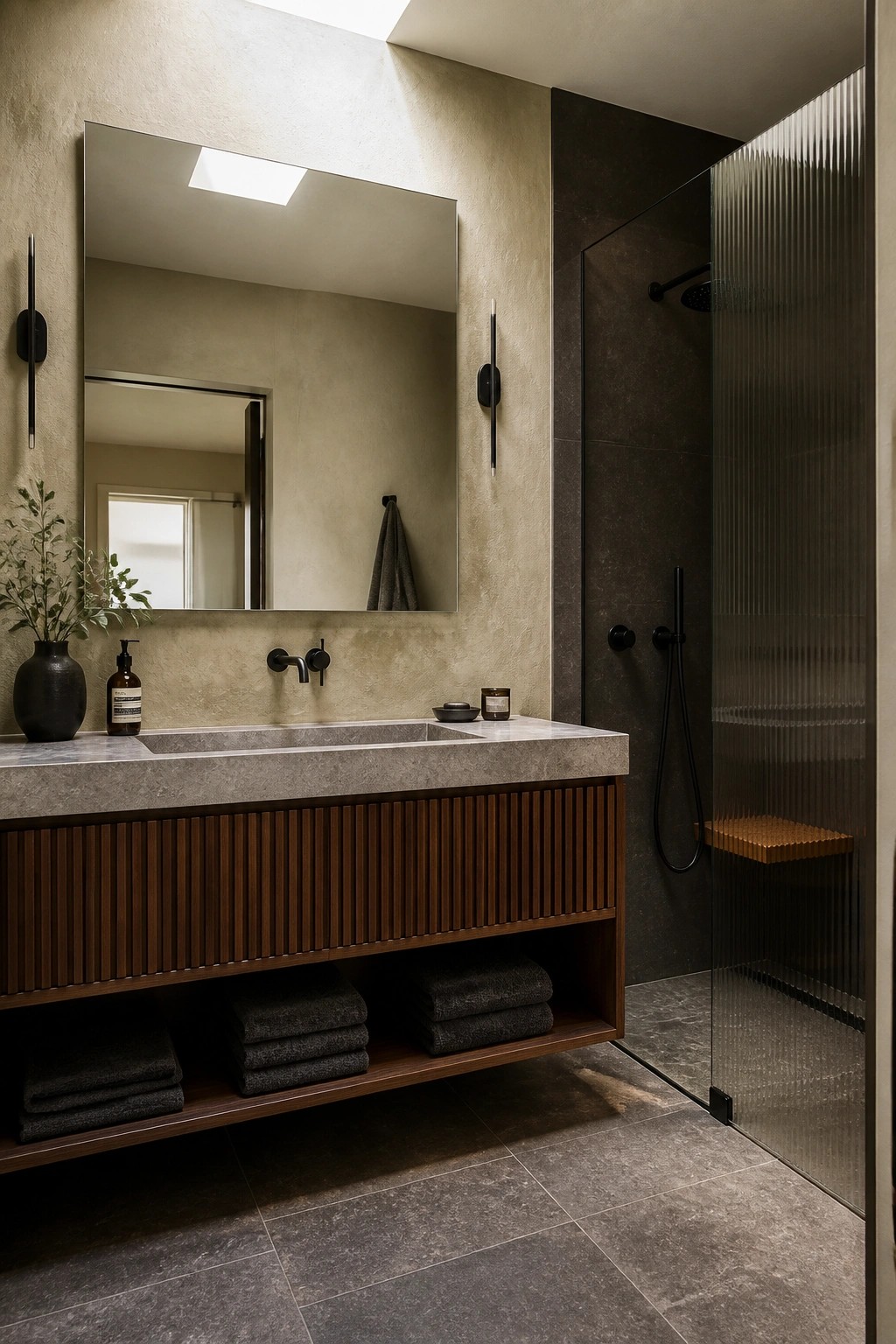 A modern bathroom vanity with a fluted wood cabinet base, stone countertop, and textured walls next to a glass shower.