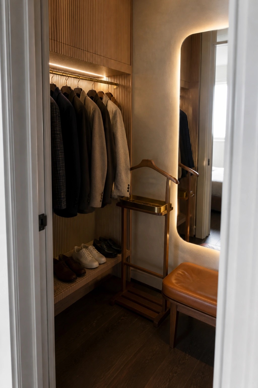 A narrow walk-in closet lined with vertical fluted wood, hanging jackets, shoes on a lower shelf, a wooden valet stand with a brass tray, and a brown leather bench beside a tall backlit mirror.