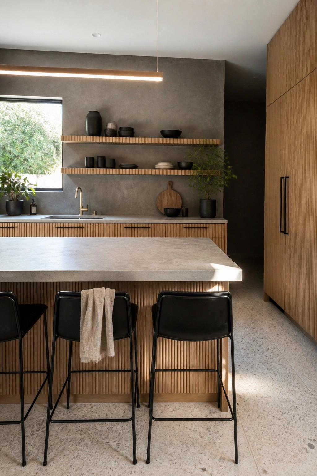 A contemporary kitchen with a concrete island, three black bar stools, fluted wood cabinetry, textured gray walls, and floating wooden shelves.