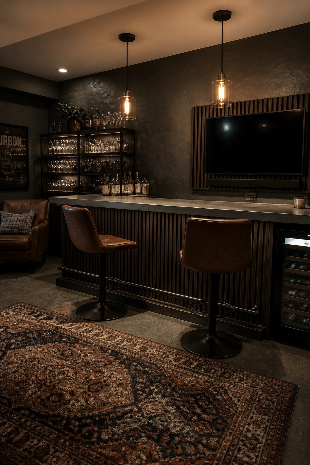 A modern home bar with two brown leather swivel stools, a concrete countertop, fluted wood paneling, and open shelves holding glassware and bottles against a textured dark wall.