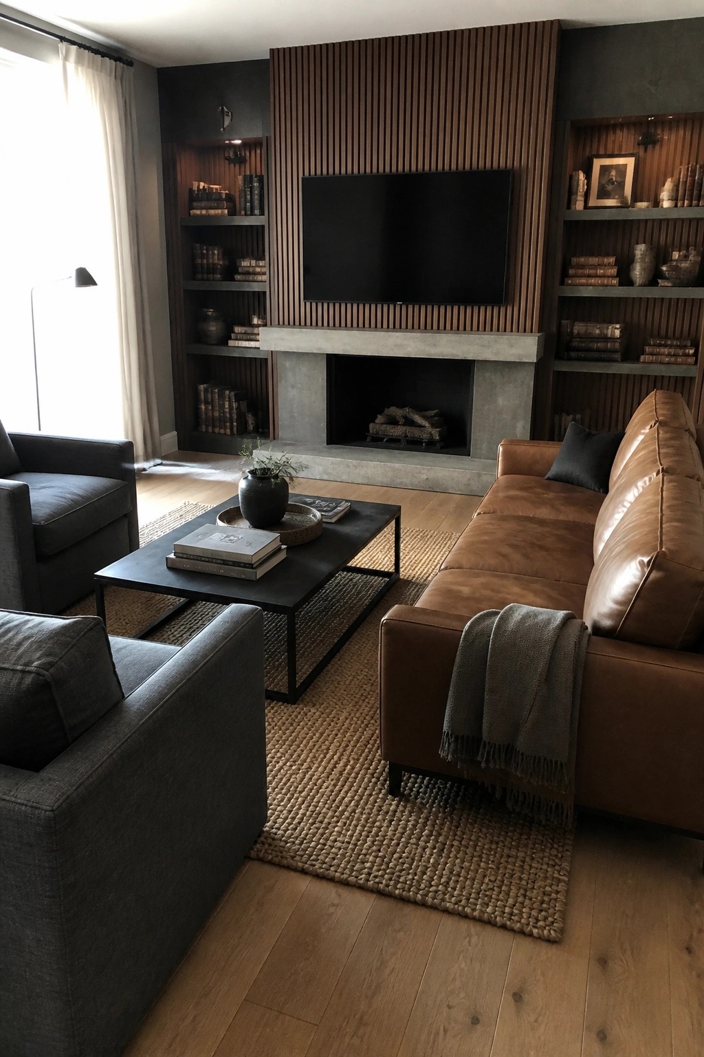 A living room with a central fireplace, concrete mantel, wall-mounted television, and vertical wood slat paneling flanked by built-in bookshelves.