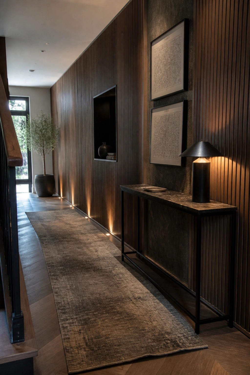 A modern interior hallway features dark fluted wood wall panels, a recessed niche with a vase, two framed maps, a black console table with a lamp, and a long gray runner rug on herringbone wood flooring.