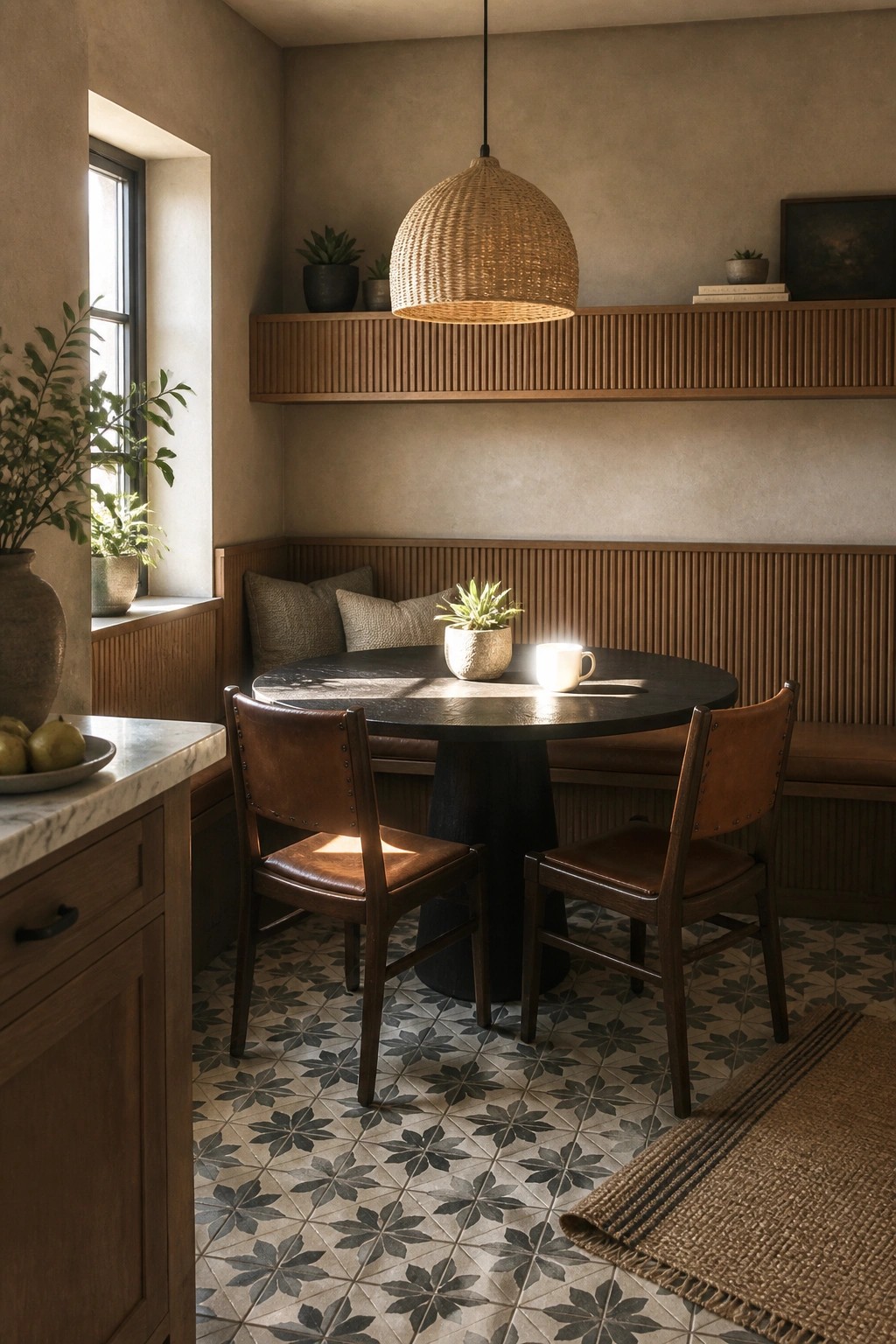 Interior view of a dining nook featuring a round table with two leather chairs, a built-in bench with fluted wood paneling, textured walls, and a woven pendant light.