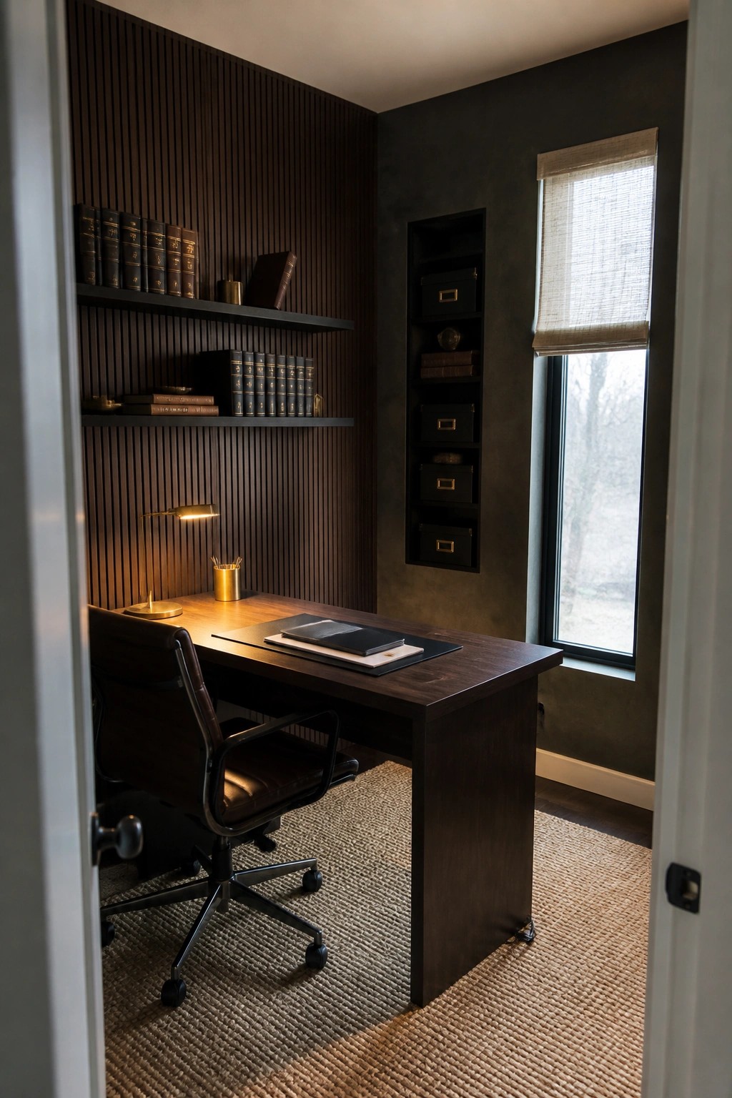 A dark wood desk with a leather office chair sits in front of a fluted wood accent wall with floating shelves and a textured dark wall on the opposite side.