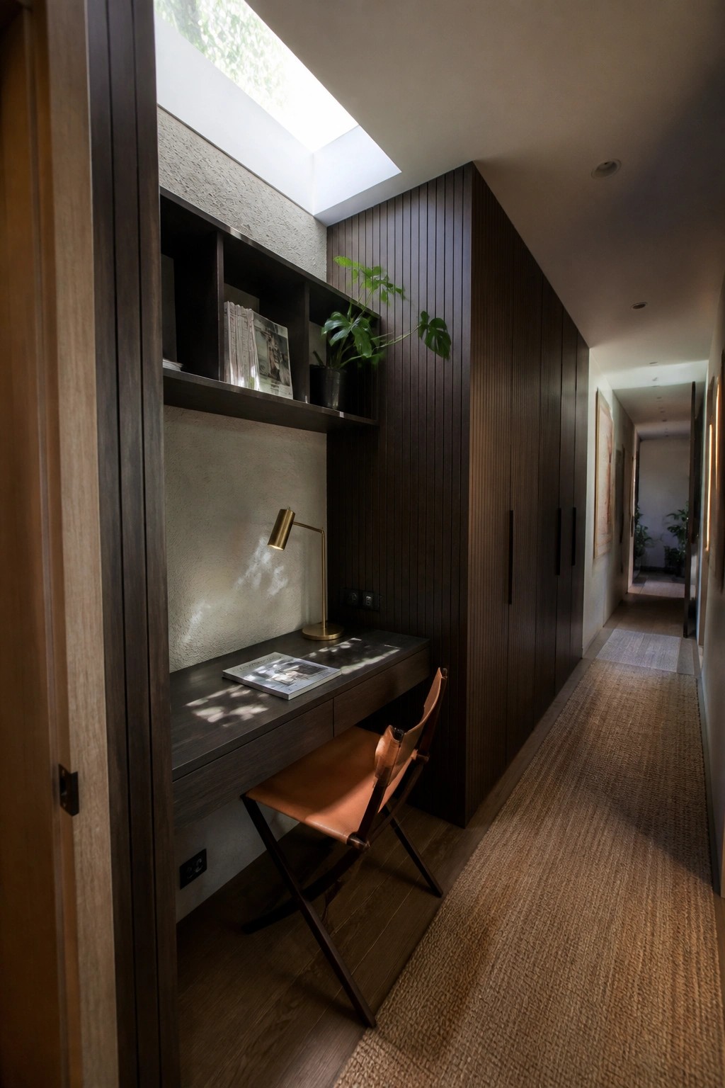 A narrow interior workspace with a built-in dark wood desk, fluted wood wall panels, textured plaster, a leather chair, and a brass lamp under a skylight.